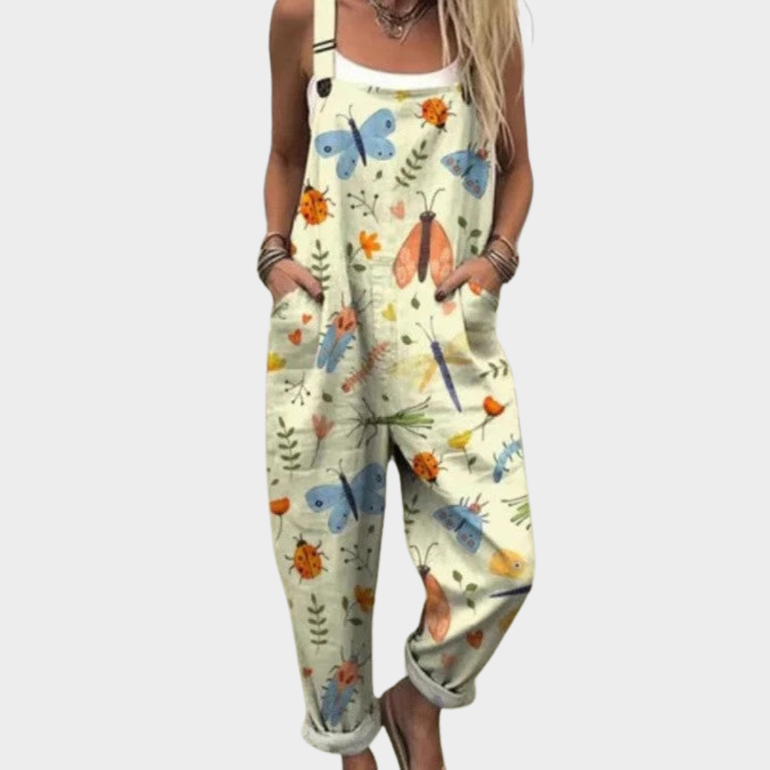 FLOWING PRINTED ADJUSTABLE-STRAP DUNGAREES