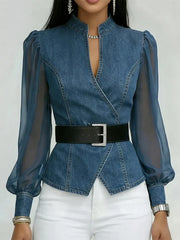 Corinthia | Sheer-Sleeve Denim-Panel Blouse