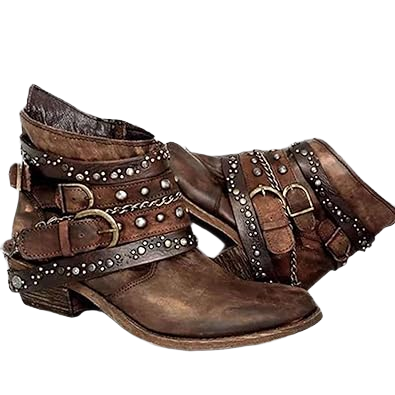 Mehreen | Vintage Buckle Strap Boots with Studded Detail