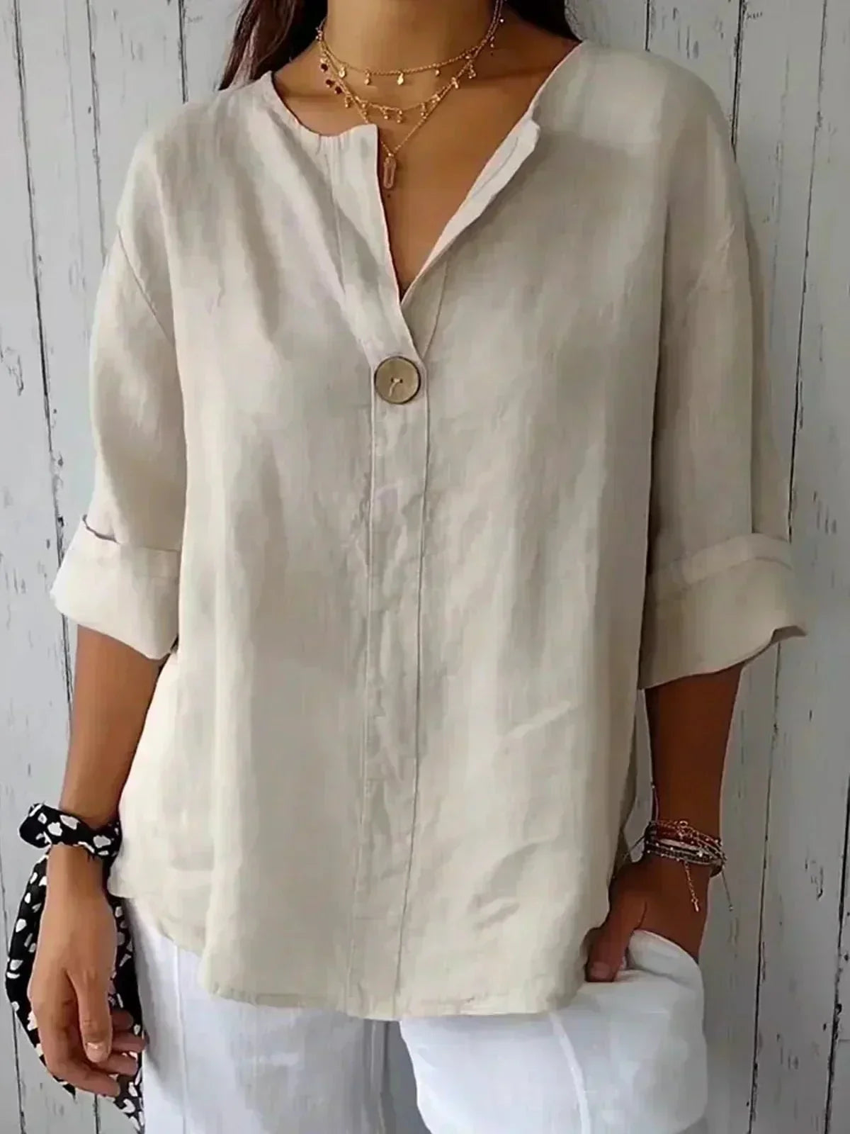 Deniece | Button-Neck Short-Sleeve Blouse