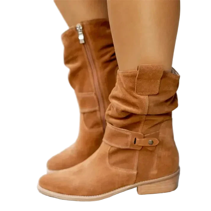 Vidhathri | Mid Calf Boots with Buckle Strap and Side Zip Closure