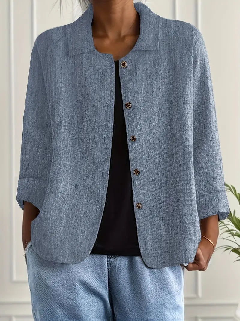 Tesni | Three-Quarter Sleeve Button-Front Shirt Jacket in Light Blue