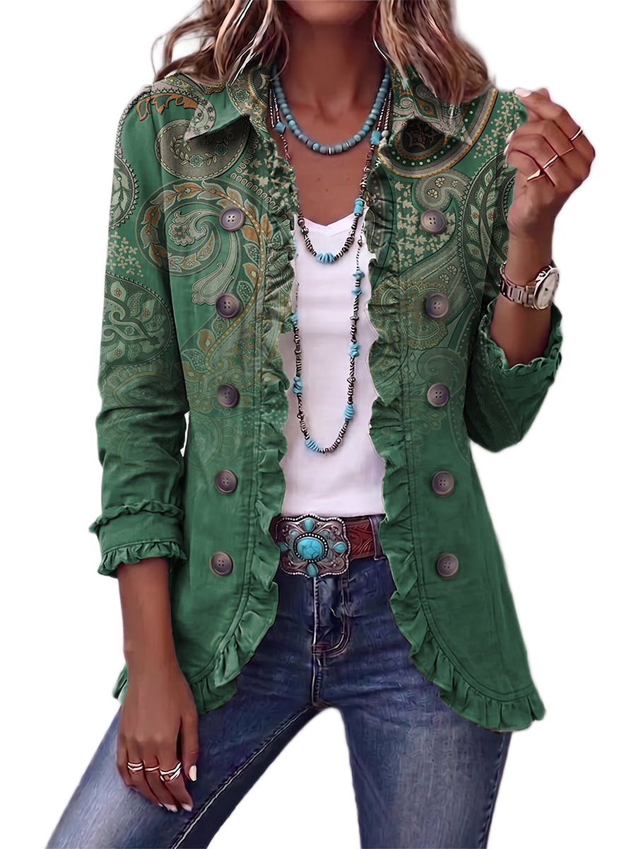 Women's jacket with a paisley print, ruffled detailing and a shirt-style collar
