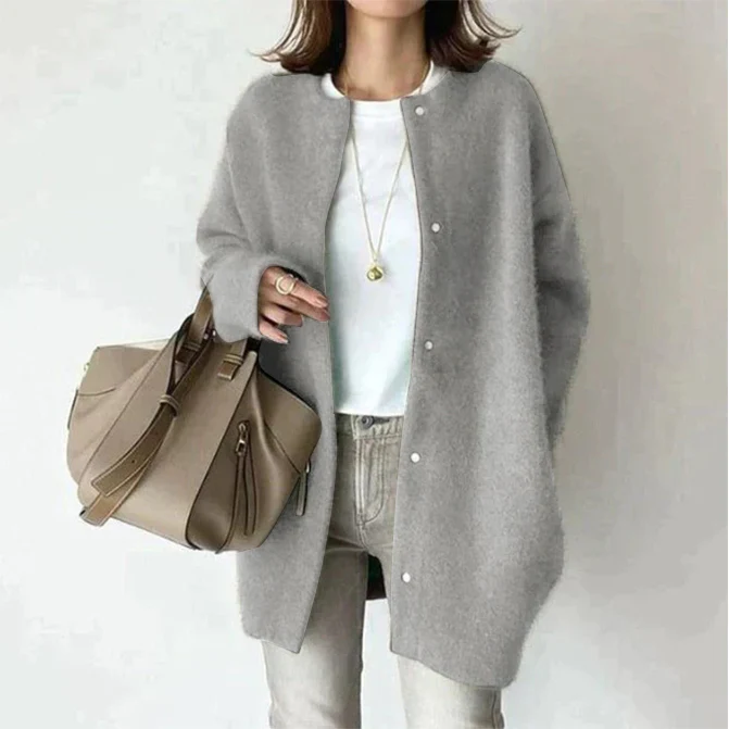 Women's long cardigan with a round neckline, a button front and a longline silhouette