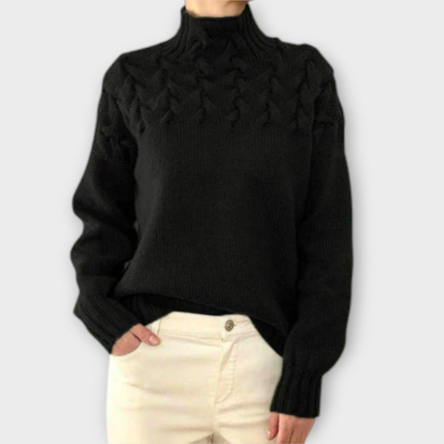 Women's jumper with a cable-knit pattern, a roll neckline and long sleeves