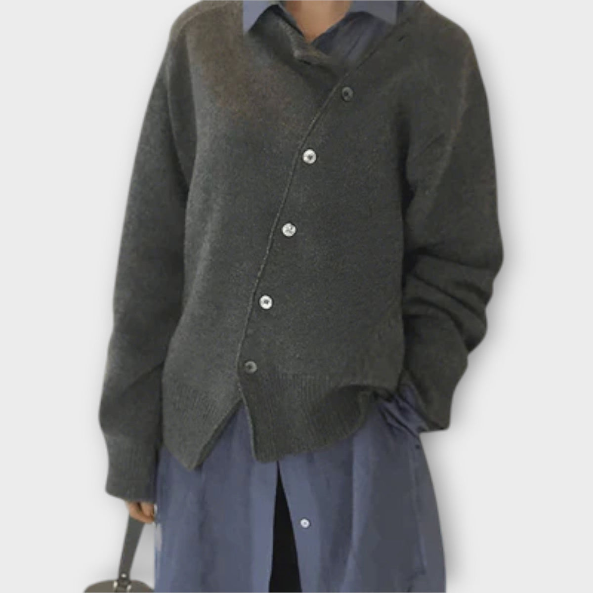 Women's cardigan with an asymmetric button closure, a round neckline and long sleeves