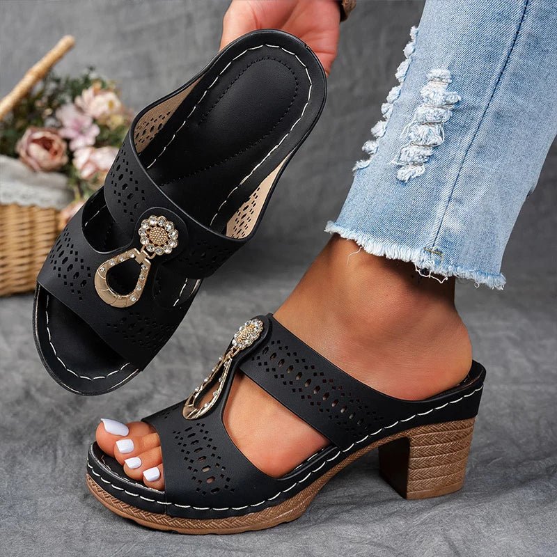 Women's heeled sandals with cut-out detailing, a block heel and an open toe