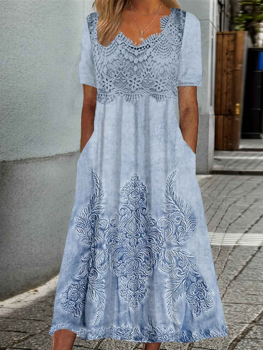 Women's midi dress with a lace yoke, lace hem trim and short sleeves