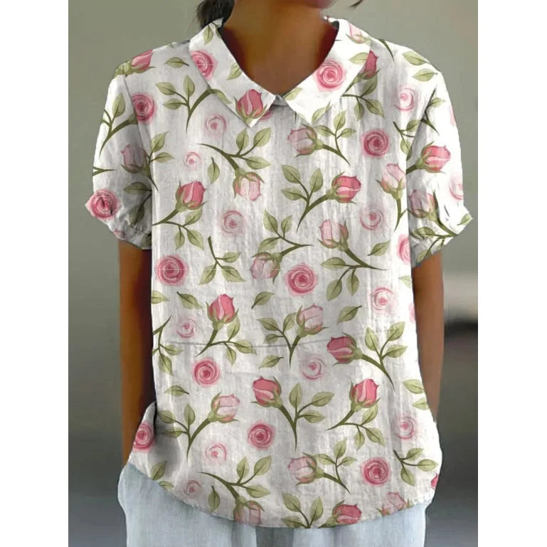 Women's shirt with a rounded collar, a button front and short sleeves