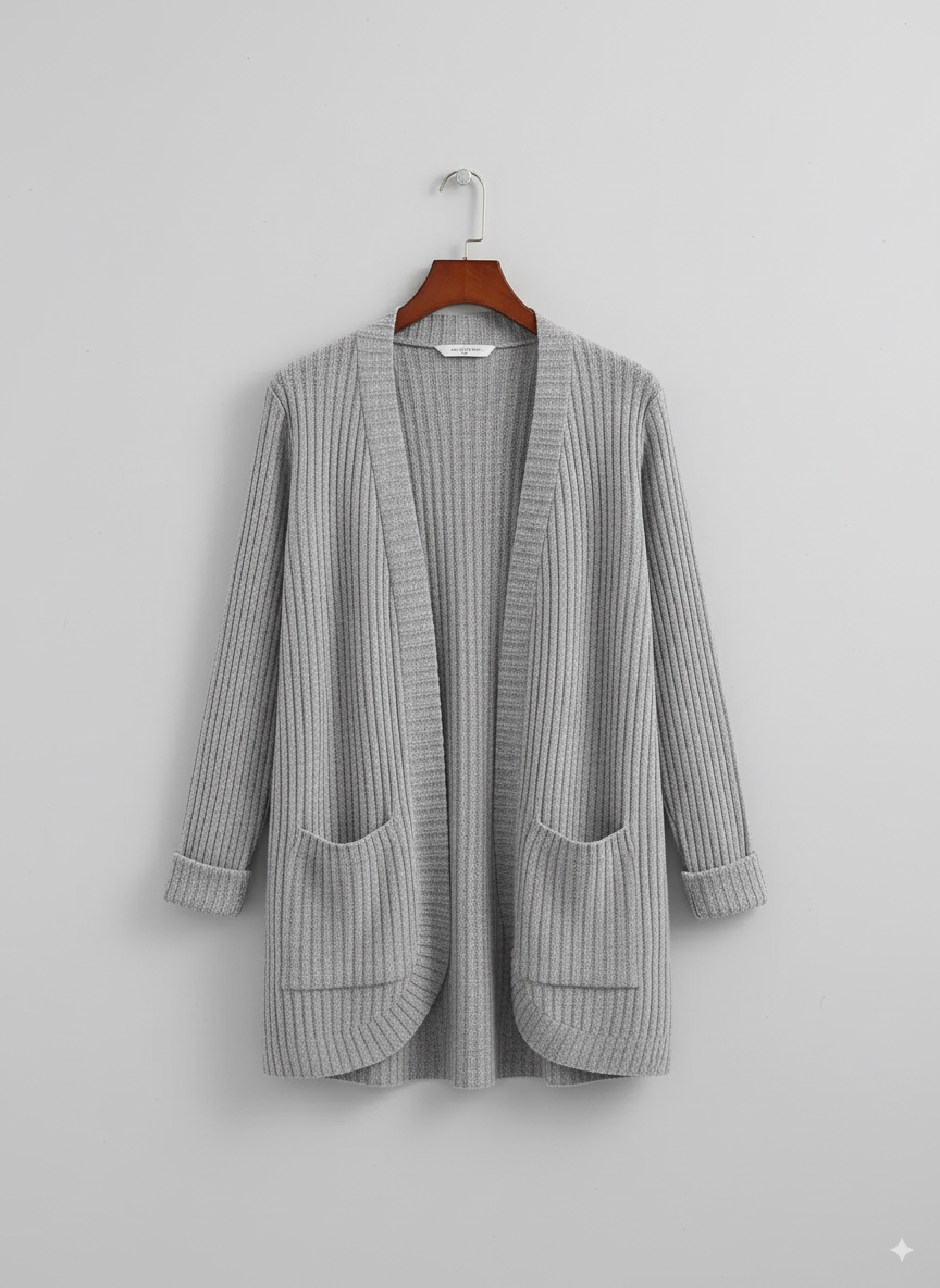 Women's long cardigan with an open front, a longline silhouette and patch pockets