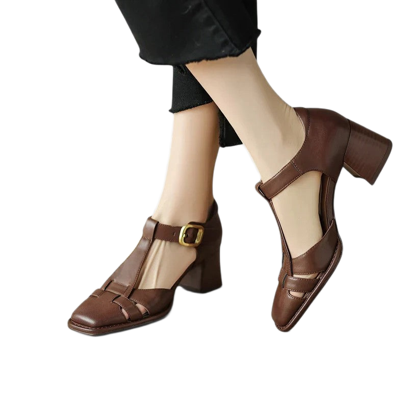 Women's heels with a T-shaped strap, cut-out detailing and a closed toe