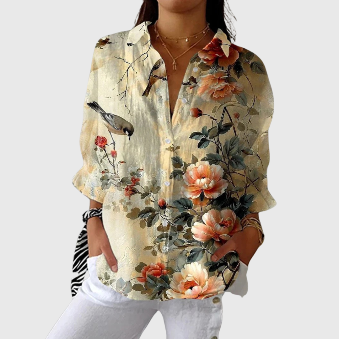 FLOWING PRINTED BUTTON-FRONT BLOUSE