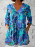JULIETTE | BLUE V-NECK LONGLINE BLOUSE