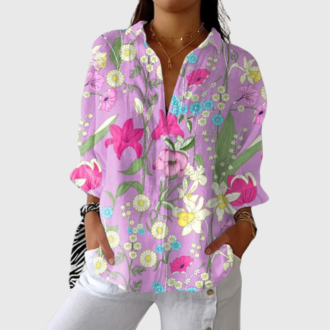 FLOWING FLORAL BUTTON-FRONT BLOUSE