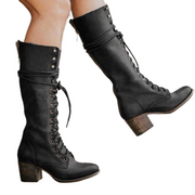Haziran | Knee-High Lace-Up Boots with Block Heel