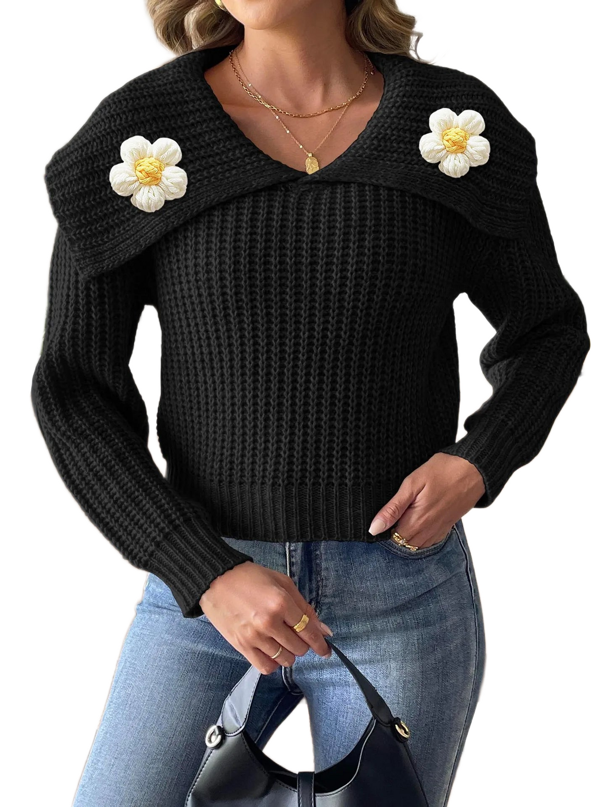 Kamaria | Flower-Detail Foldover-Neck Jumper
