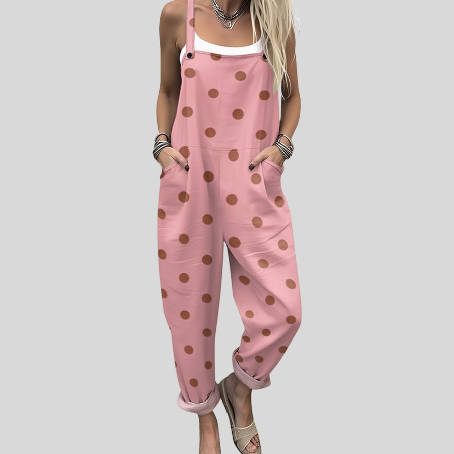Women's dungarees with a polka-dot pattern, a bib front and shoulder straps