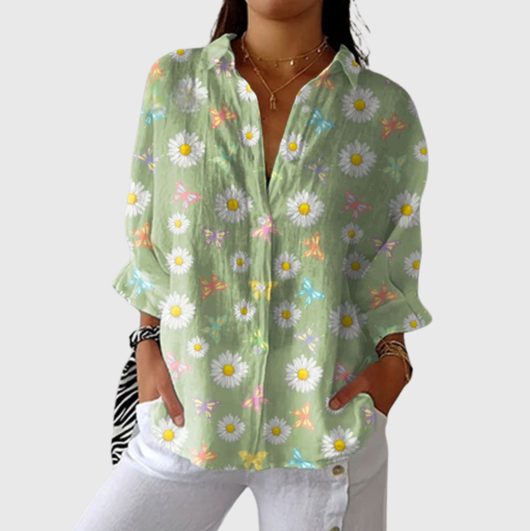 FLOWING PRINTED BUTTON-FRONT BLOUSE