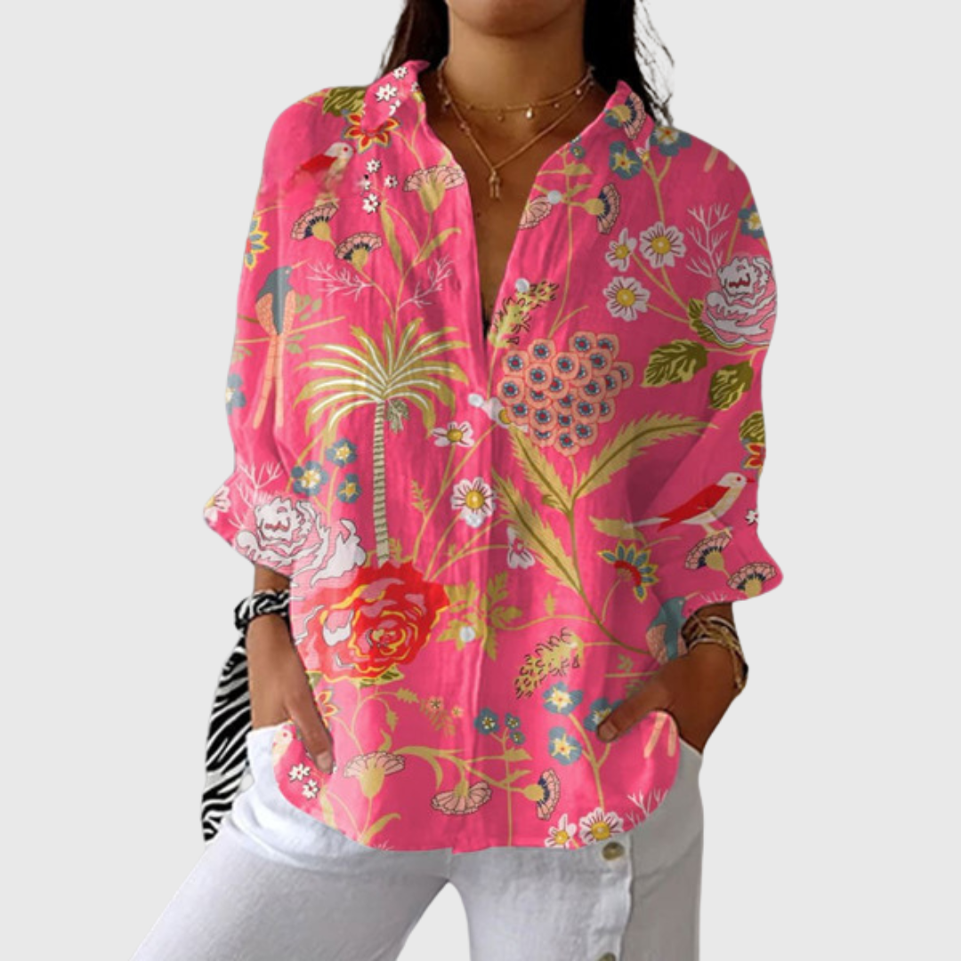 FLOWING FLORAL BUTTON-FRONT BLOUSE