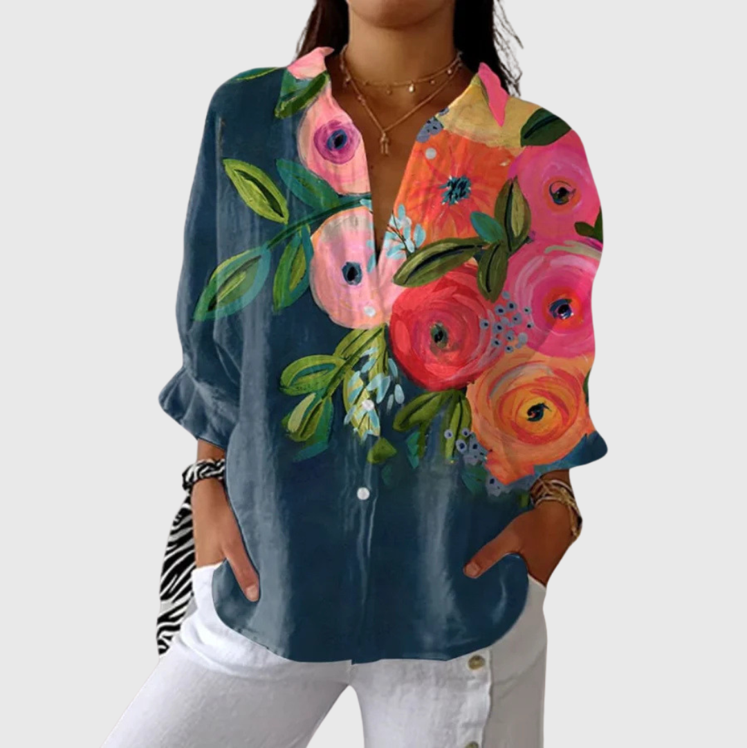 FLOWING PRINTED BUTTON-FRONT BLOUSE