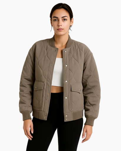 Kaylynn | Round-Neck Button Bomber Jacket