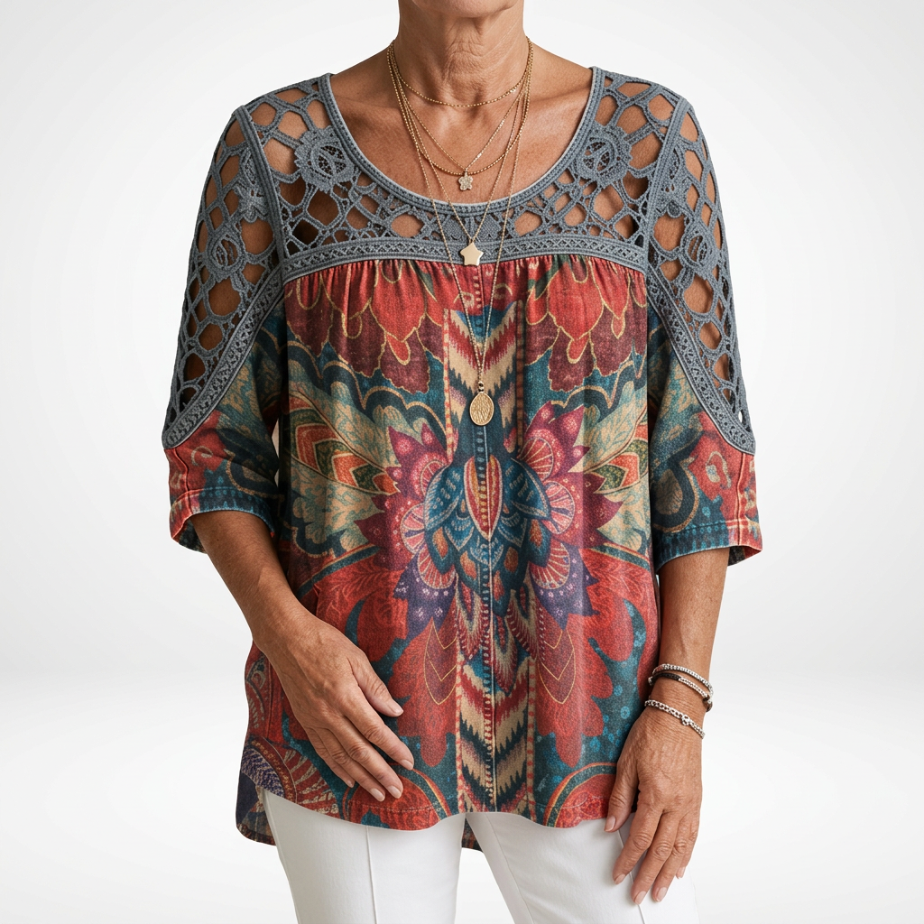 Donnette | Printed Lace-Yoke Blouse