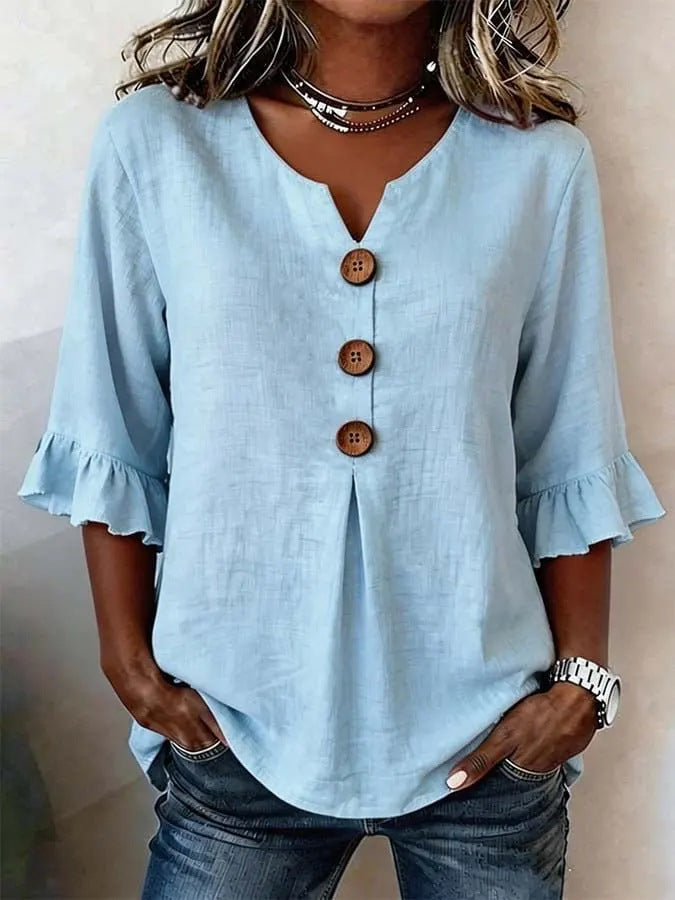 Jolinda | Button-Neck Ruffle-Sleeve Blouse