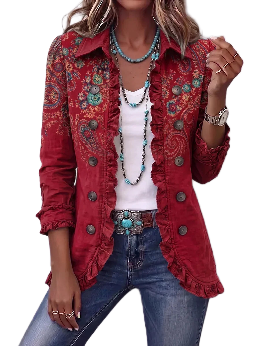 Women's jacket with a paisley print, ruffled detailing and a shirt-style collar