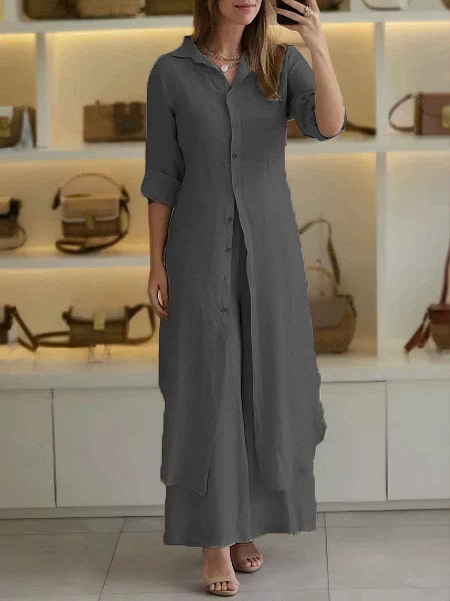 Women's trouser set with a longline silhouette, a button front and elbow-length sleeves