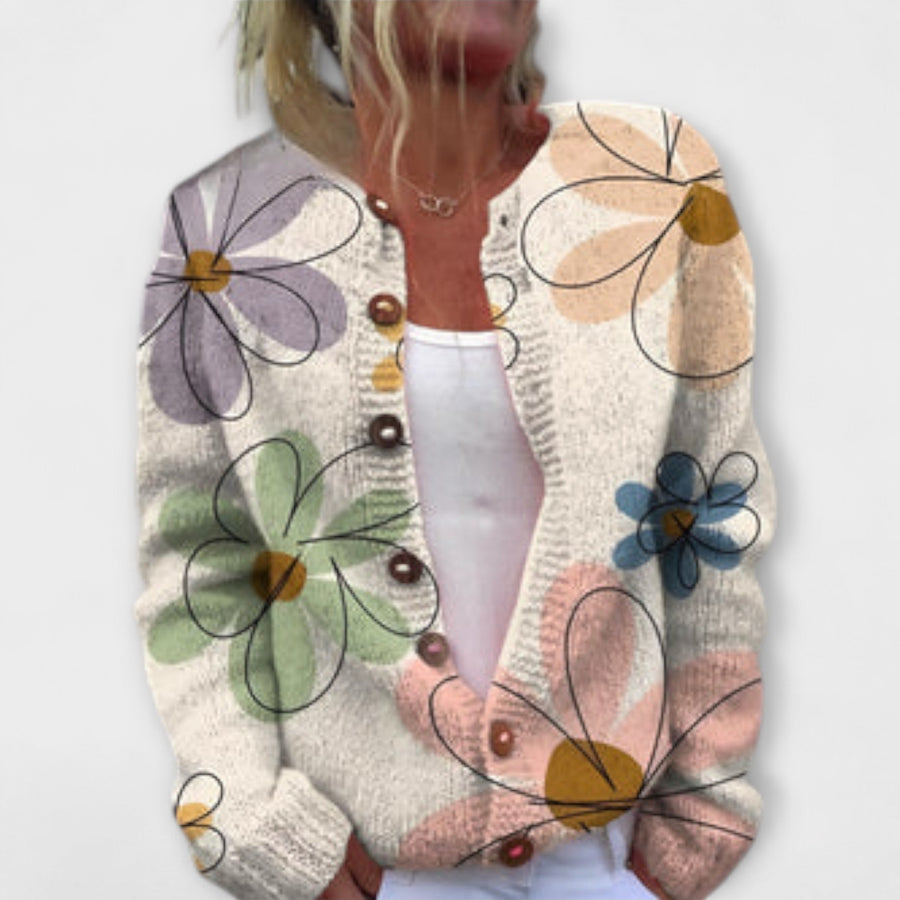 Women's cardigan with outlined flower motifs, a button front and a round neckline