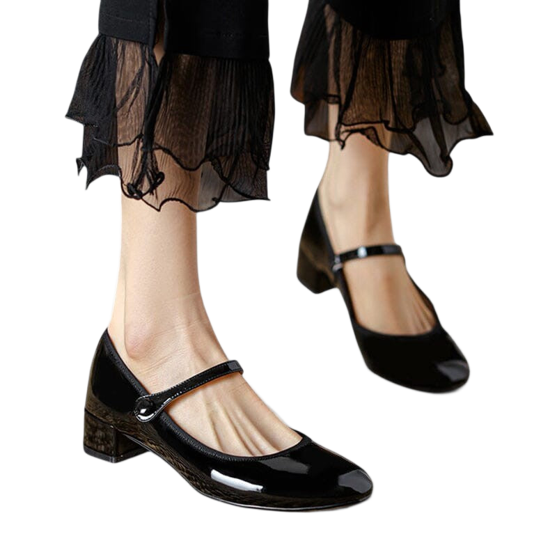 Women's heels with an instep strap, a buckle fastening and a rounded toe