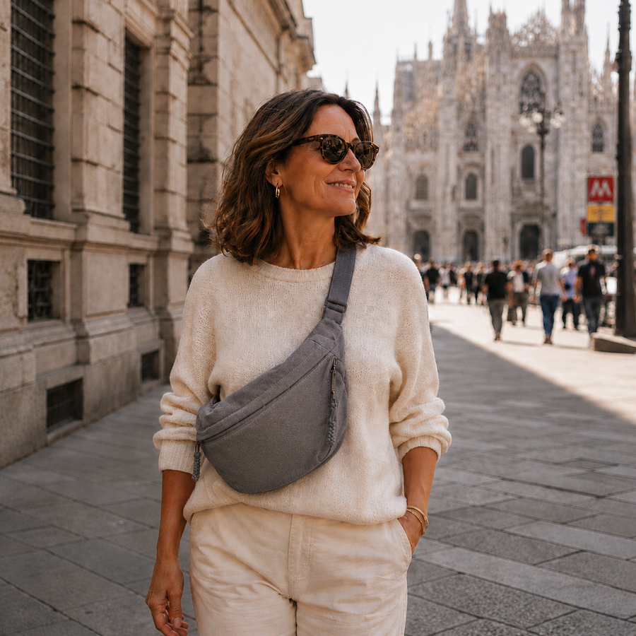Grey crescent shoulder bag with zip pockets, bag worn across the body.