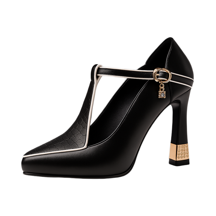 Women's heels with a T-shaped strap, a buckle fastening and a pointed toe
