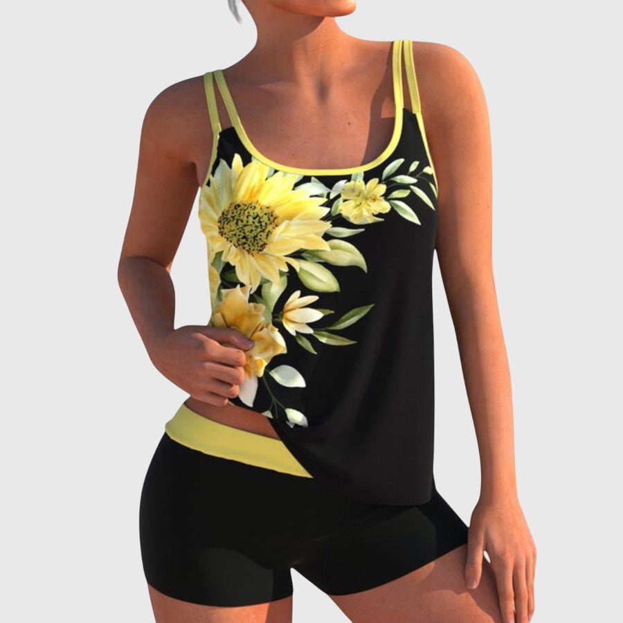Women's tankini set with a scoop neckline, shoulder straps and matching shorts