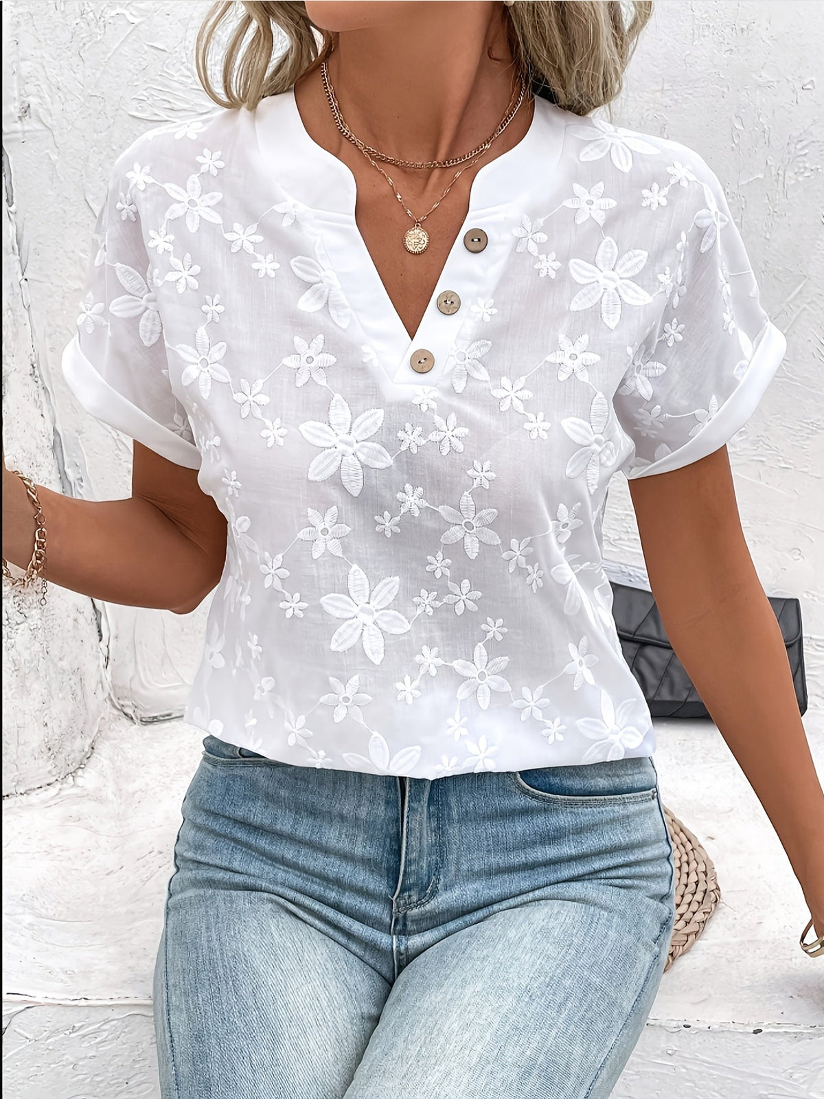 Tashara | Floral Button-Neck Blouse