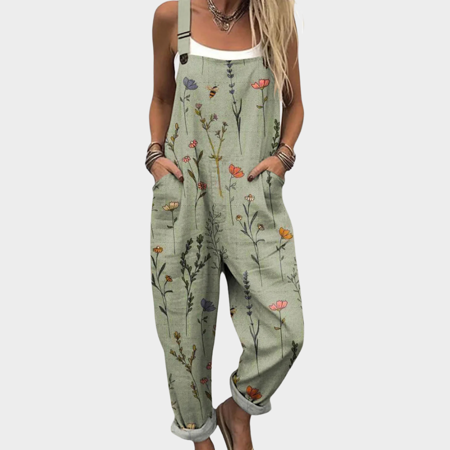 Women's dungarees with a botanical print, a bib front and shoulder straps