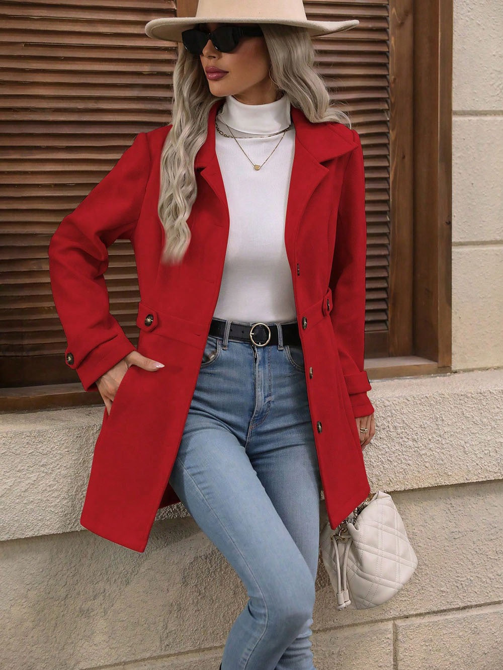 Eleri | Mid-Length Single-Breasted Wool-Blend Coat in Red