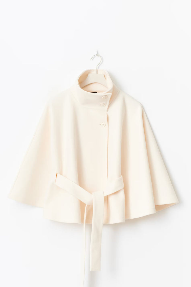 Lowri | Open-Front Belted Cape Coat in White