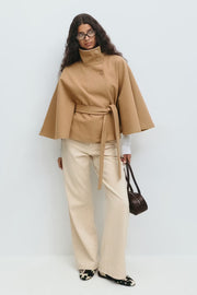 Lowri | Open-Front Belted Cape Coat in Light Brown