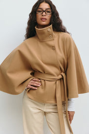 Lowri | Open-Front Belted Cape Coat in Brown
