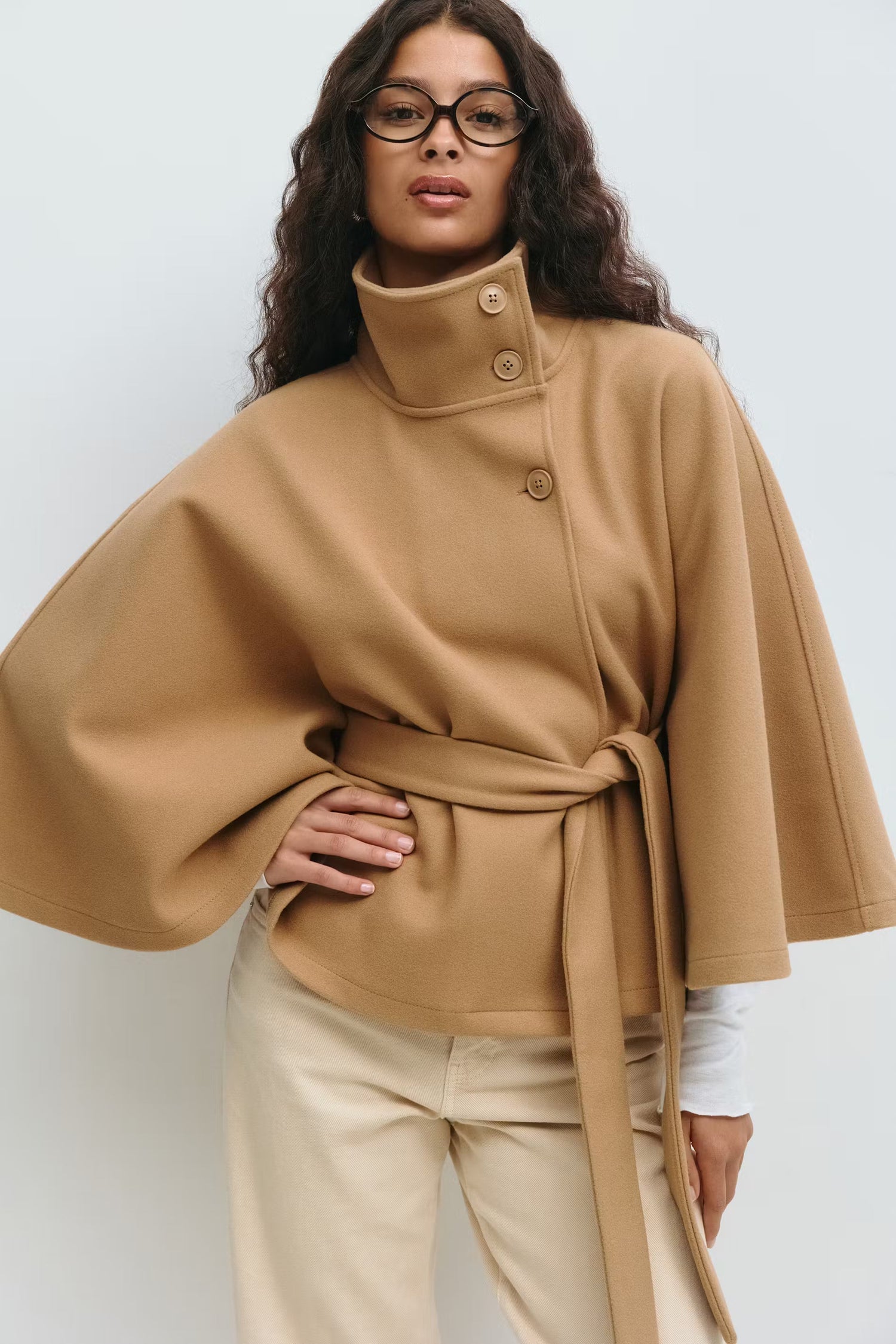 Lowri | Open-Front Belted Cape Coat in Brown