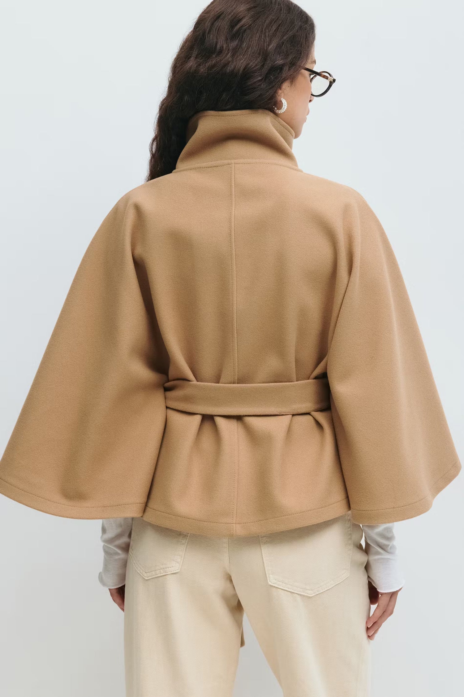 Lowri | Open-Front Belted Cape Coat in Light Brown
