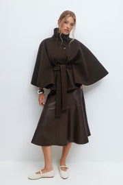 Lowri | Open-Front Belted Cape Coat in Brown