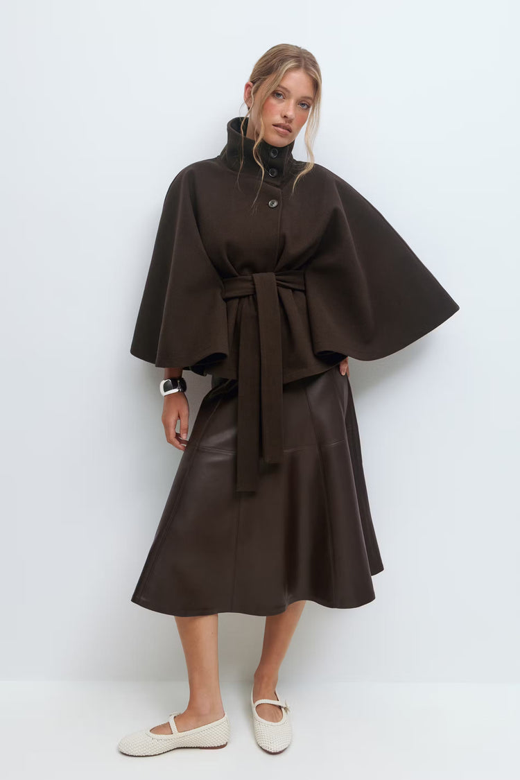 Lowri | Open-Front Belted Cape Coat in Brown