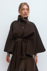 Lowri | Open-Front Belted Cape Coat in Brown