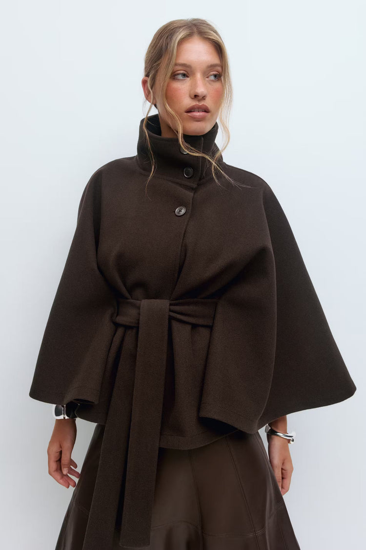 Lowri | Open-Front Belted Cape Coat in Brown