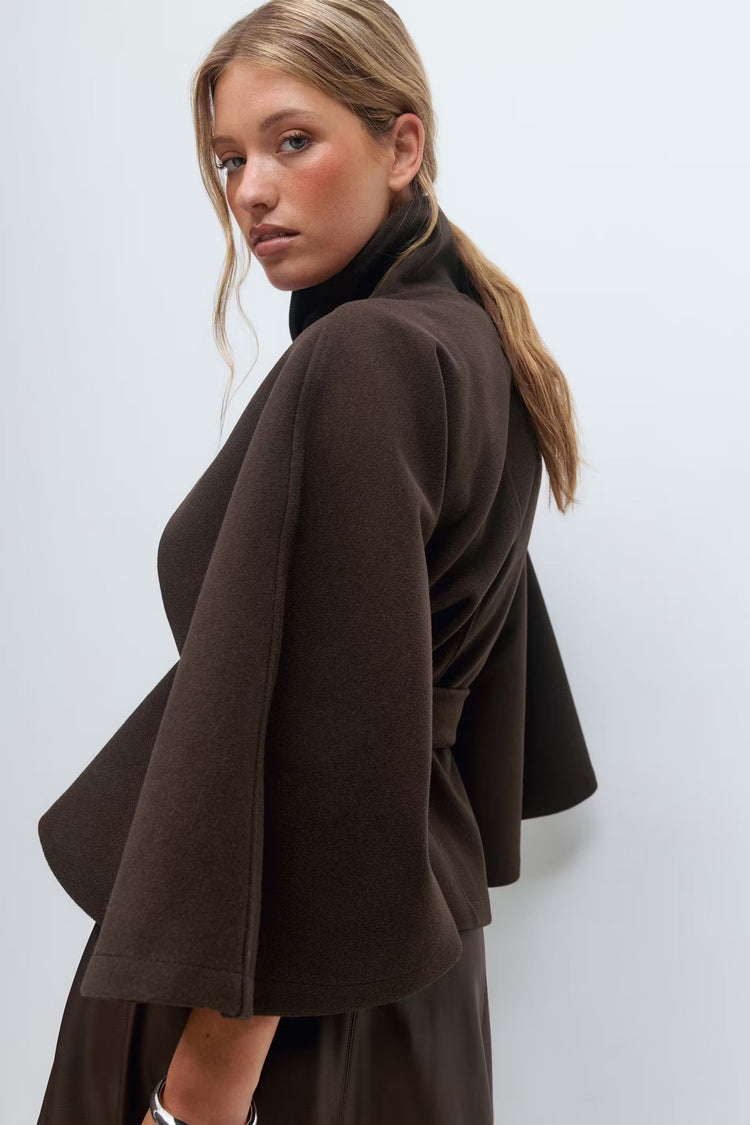 Lowri | Open-Front Belted Cape Coat in Brown