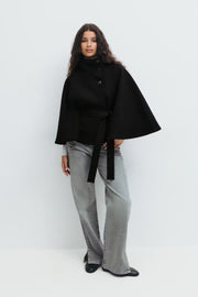 Lowri | Open-Front Belted Cape Coat in Black