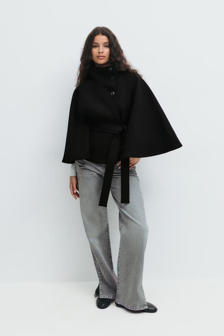Lowri | Open-Front Belted Cape Coat in Black