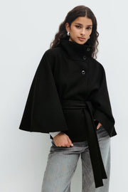 Lowri | Open-Front Belted Cape Coat in Black